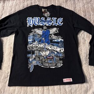 Black Long Sleeve Graphic Tee with Blue and White Design